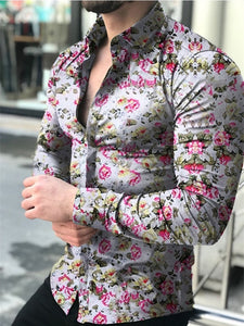 Casual Men Shirt Long Sleeve Europe Style Slim Fit Shirt Men Cotton Floral Shirt Hawaii Button Shirt Top Blouse Male Top M-5XL