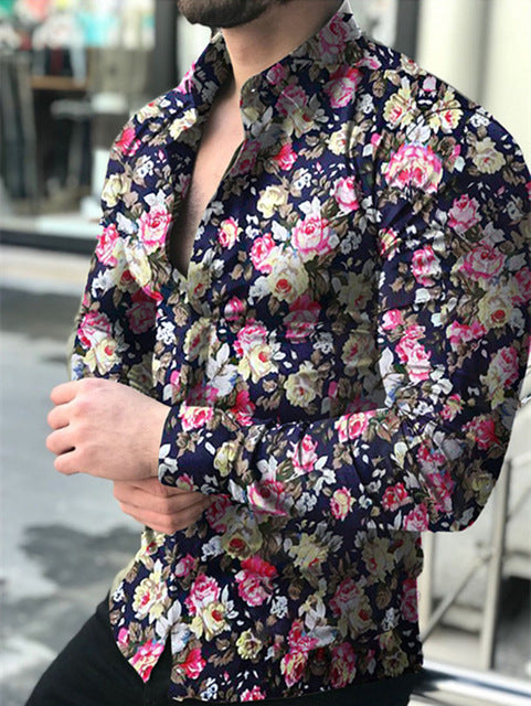 Casual Men Shirt Long Sleeve Europe Style Slim Fit Shirt Men Cotton Floral Shirt Hawaii Button Shirt Top Blouse Male Top M-5XL
