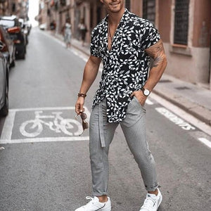 Men Hawaiian Shirt Beach Flower Party Summer Holiday Fancy Tops Short Sleeve Tee