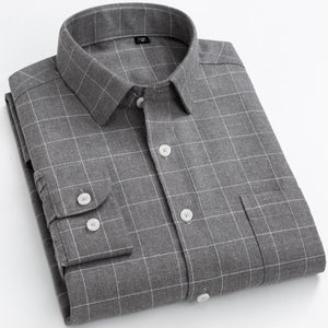 Men's Plaid Checkered Long Sleeve Brushed Shirts Single Patch Pocket Comfortable Soft Cotton Standard-fit Casual Thick Shirt