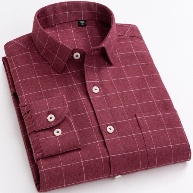 Men's Plaid Checkered Long Sleeve Brushed Shirts Single Patch Pocket Comfortable Soft Cotton Standard-fit Casual Thick Shirt