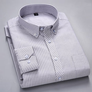 Men's Long-Sleeve Plaid Striped Oxford Shirts Single Patch Pocket Premium Quality Standard-fit Button Down Cotton Casual Shirt