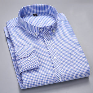 Men's Long-Sleeve Plaid Striped Oxford Shirts Single Patch Pocket Premium Quality Standard-fit Button Down Cotton Casual Shirt