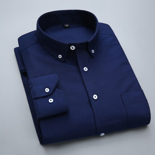 Men's Long-Sleeve Plaid Striped Oxford Shirts Single Patch Pocket Premium Quality Standard-fit Button Down Cotton Casual Shirt